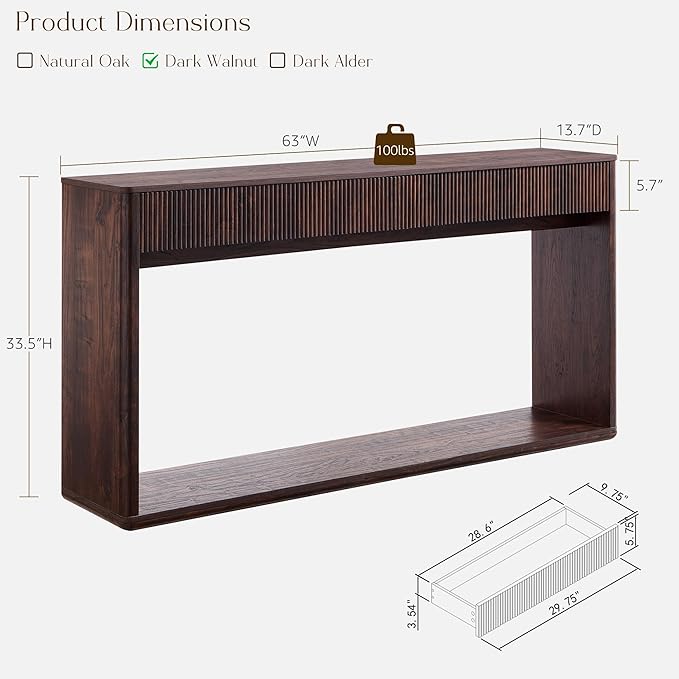 OKD 63" Fluted Console Table for Entryway, Modern Entryway Table with 2 Large Drawers, Long Sofa Table Behind Couch for Living Room, Hallway, Couch, Foyer，Dark Walnut