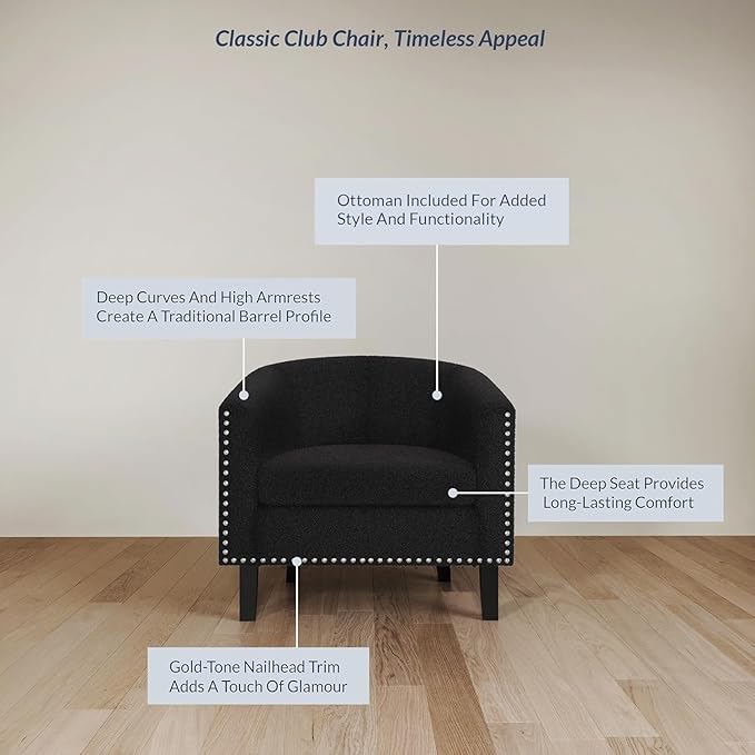 BELLEZE Barrel Chairs Set of 2, Modern Accent Tub Club Chairs Armchairs for Living Room, Upholstered Accent Chairs with Silver Nail Head Trim Black Legs - Kyara (Black/Polyester)