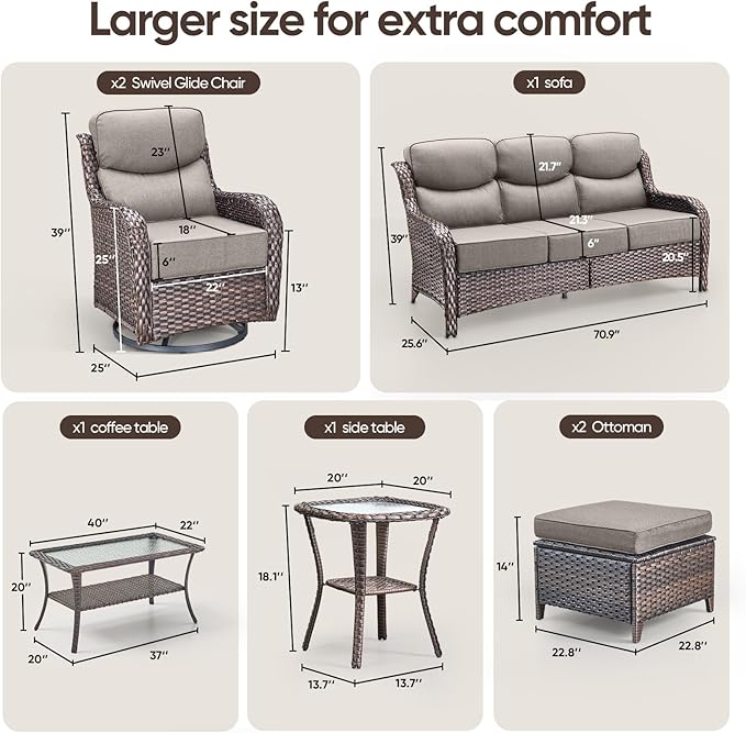 Swivel Patio Chairs sofa Set of 7 with 6" Thick Cushion - Wicker Outdoor Swivel Rocker Patio Chair ,Sofa/Glass coffee table, High Back Comfortable Outdoor Glider Chairs - Brown Wicker | Gery Cushions