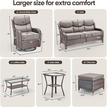 Swivel Patio Chairs sofa Set of 7 with 6" Thick Cushion - Wicker Outdoor Swivel Rocker Patio Chair ,Sofa/Glass coffee table, High Back Comfortable Outdoor Glider Chairs - Brown Wicker | Gery Cushions