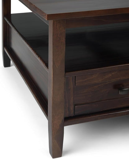 SIMPLIHOME Warm Shaker Square Coffee Table - 36 inch Wide Solid Wood Cocktail Table in Tobacco Brown, Transitional Living Room Table with Large Storage Drawer and Open Shelf for Sitting Area