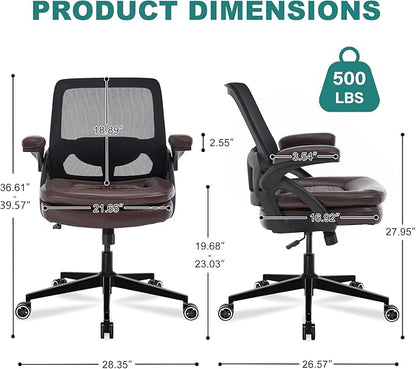 Big and Tall Office Chair, 500lbs Mesh Heavy Duty Ergonomic Desk Chair with Flip-up Armrests, Plus Size Wide Seat in PU Leather, 360 Swivel Computer Executive Task Chair for Home Office (Brown)