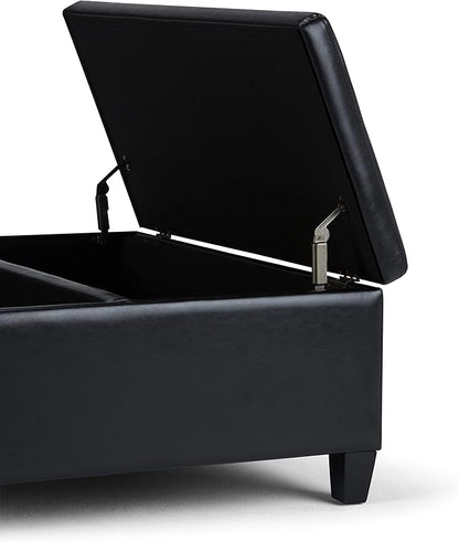 SIMPLIHOME Ellis 36 inch Wide Contemporary Square Coffee Table Storage Ottoman in Midnight Black Vegan Faux Leather, Assembled, For the Living Room and Bedroom