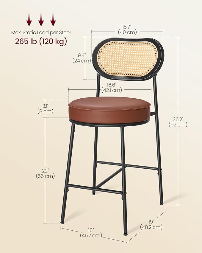VASAGLE Bar Stools Set of 2, Bar Height Stools with Rattan Back and Metal Legs, 25.1-Inch Tall Counter Chairs, Modern Leather Upholstered Barstools for Kitchen Island Dining Room, Caramel Brown
