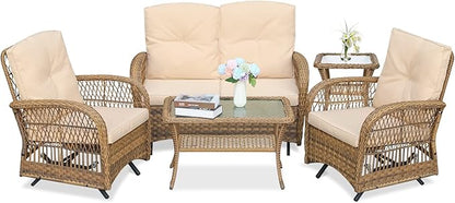 VIVIJASON 5-Piece Outdoor Patio Wicker Conversation Sets, All Weather Outdoor Rattan Furniture Set Includes Glider Loveseat, 2 Coffee Table, 2 Glider Rocker Chairs with Cushions, Light Brown