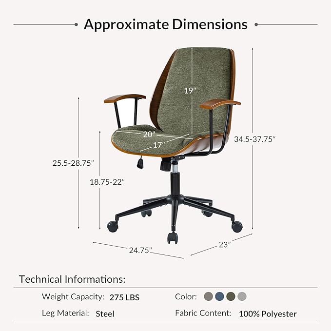 Modern Office Chair with Bentwood Polyester Upholstery Ergonomic Swivel Desk Chair with Adjustable Height for Home Office or Study Green