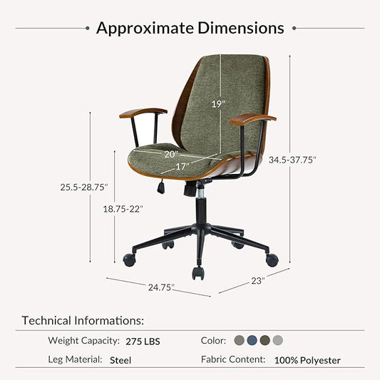 Modern Office Chair with Bentwood Polyester Upholstery Ergonomic Swivel Desk Chair with Adjustable Height for Home Office or Study Green