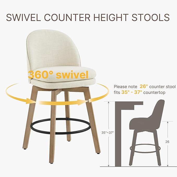 Counter Height Barstools 26 inch Upholstered Swivel Bar Stools with Back and Wood Legs for Kitchen Island,Set of 2,Linen Fabric-Armless