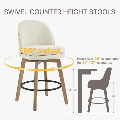 Counter Height Barstools 26 inch Upholstered Swivel Bar Stools with Back and Wood Legs for Kitchen Island,Set of 2,Linen Fabric-Armless