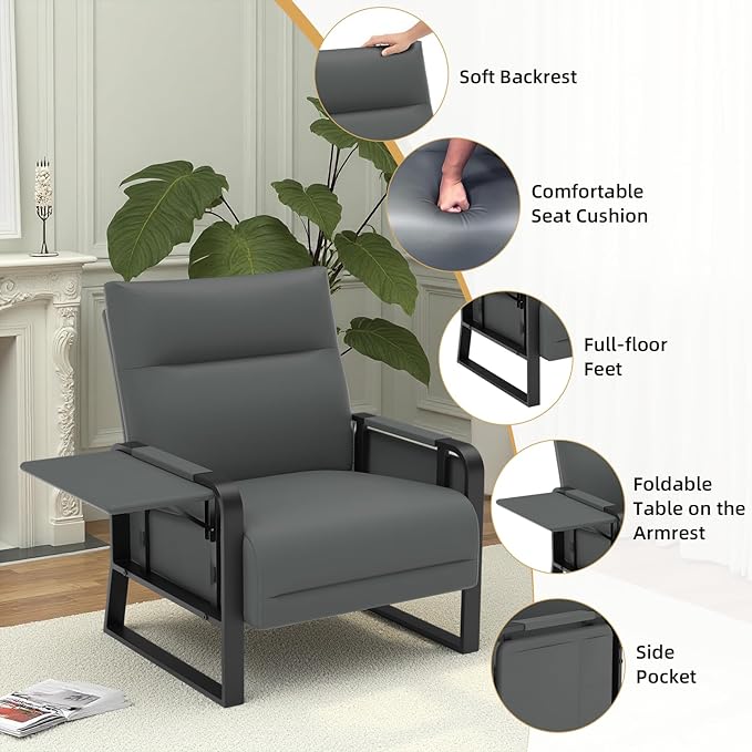 Faux Leather Accent Chair with Flip Up Tray Table Soft Backrest Side Pocket for Living Room Office Bedroom Leather Accent Chair, Gray