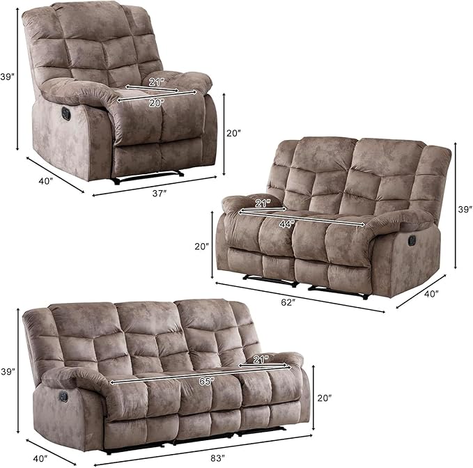 EBELLO Reclining Living Room Set, Includes One Seat Manual Recliner, Loveseat Recliner Sofa and 3PC Bonded Manual Sofa Couch, Brown