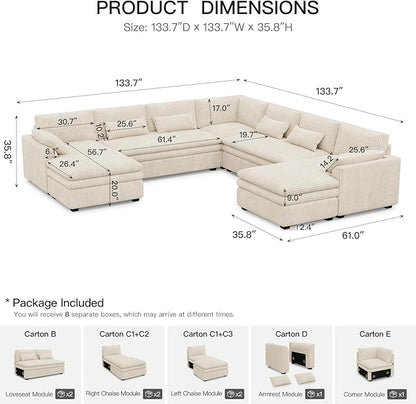 Belffin Large Modular Sectional Sofa with Double Deep Chaise and Loveseat, Corduroy U Shape Couch with 9" Soft Dual-Layer 9 Seats Cushion for Living Room, Apartment, Beige