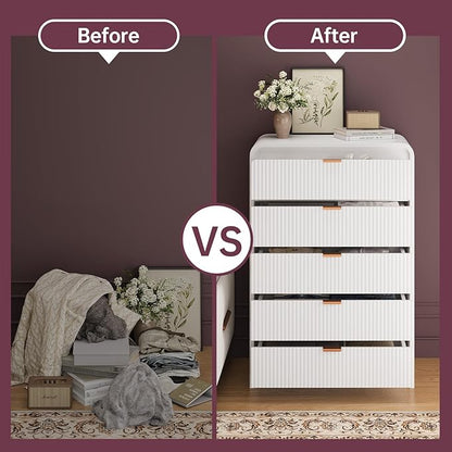 FURSUN Fluted 5 Drawers Dresser for Bedroom, 48" Tall Wooden Modern Dresser with Metal Handle, Curved Profile Design, Storage Organizer for Bedroom, Hallway (White)