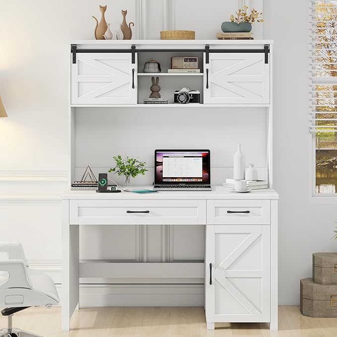 Farmhouse 47" Executive Computer Desk with 2 Drawers and Storage Cabinet, Home Office Desk with Hutch and Charging Station, Workspace for Work and Study (Cream White).
