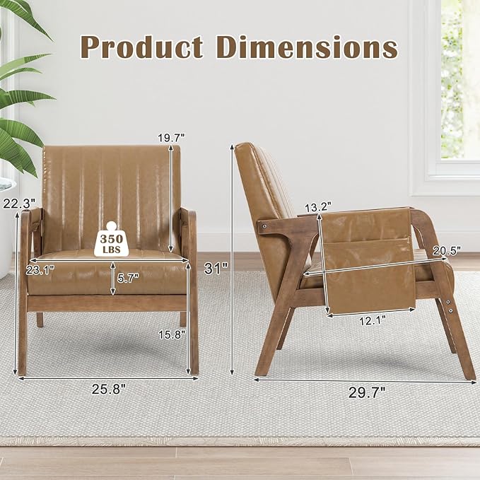 EROMMY Mid Century Modern Leather Accent Chair with Wood Frame, Faux Leather Accent Armchair with Storage Bag,Pu Living Room Accent Chair for Reading, Bedroom,Light Brown