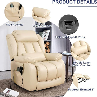 MAEVIS Large Genuine Leather Power Lift Recliner Chair, Dual Motor Recliner for Elderly,Extended Footrest and Lumbar Pillow for Tall Man,with Heat and Massage, USB and Type-C Ports(Beige)
