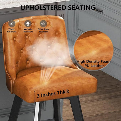 MINCETA Bar Stool, PU Leather Barstool, 30 Inch Upholstered Counter Stool with Low Tufted Back and Footrest, Swivel Counter Height Barstool for Kitchen Island Home Bar Brown