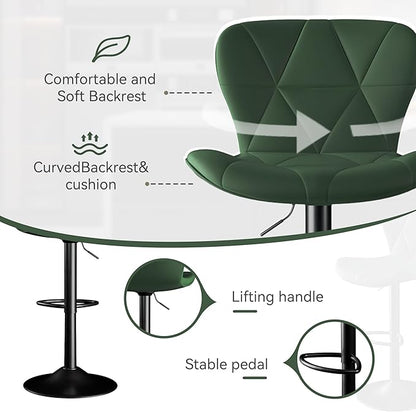 Bar Stools Set of 1,Adjustable Swivel Barstools, Faux Leather Bar Chairs,Upholstered Counter Height with High Backrest for Kitchen Island, Green