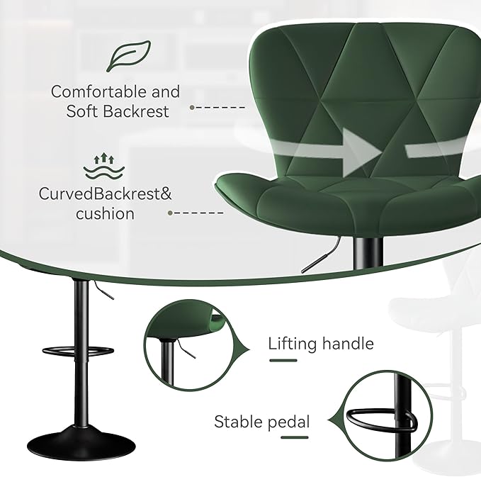 Bar Stools Set of 6,Adjustable Swivel Barstools, Faux Leather Bar Chairs,Upholstered Counter Height with High Backrest for Kitchen Island, Green