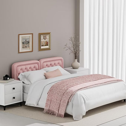 Tufted Upholstered Headboard Queen Size, Button Adjustable Height Queen Head Board Only, Sturdy and Durable Solid Wood with Nailhead Trim Headboards, Ideal for Bedroom, Dorm, Guest Room,Pink