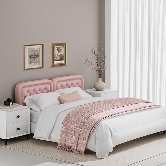 Tufted Upholstered Headboard King Size, Button Adjustable Height King Head Board Only, Sturdy and Durable Solid Wood with Nailhead Trim Headboards, Ideal for Bedroom, Dorm, Guest Room,Pink