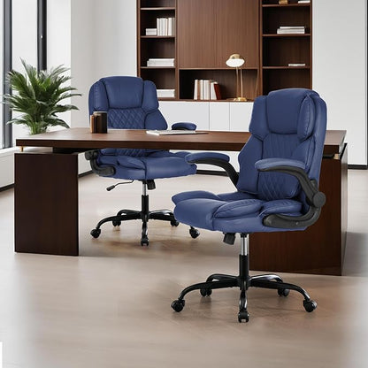 Office Desk Chair,Mid Back Executive Leather Chair,Ergonomic Home Computer Chair,Modern Conference Room Chairs with Adjustable Flip-Up Arms and Rocking Function (Navy Blue)