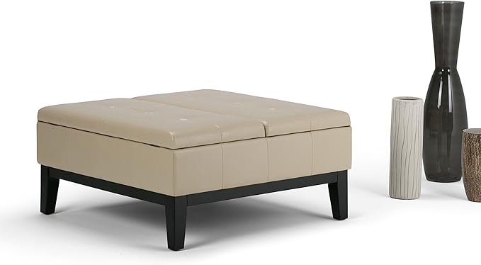 SIMPLIHOME Dover 36 inch Wide Contemporary Square Coffee Table Storage Ottoman in Satin Cream Vegan Faux Leather, Assembled, For the Living Room and Bedroom