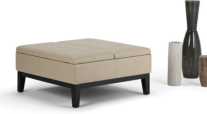 SIMPLIHOME Dover 36 inch Wide Contemporary Square Coffee Table Storage Ottoman in Satin Cream Vegan Faux Leather, Assembled, For the Living Room and Bedroom