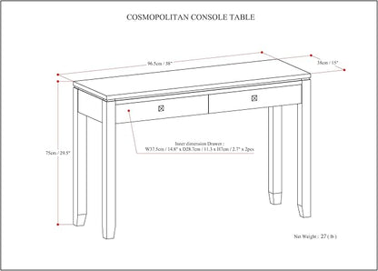 SIMPLIHOME Cosmopolitan Console Table - 38 Inch Wide Solid Wood Sofa Table in Mahogany Brown, Contemporary Compact Storage Table for Entryway or Living Room with 2 Drawers and Tapered Legs