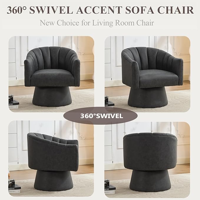 Swivel Accent Chair Set of 2,Faux Leather 360°Swivel Barrel Chair Upholstered Modern Living Room Chair, Overstuffed Reading Armchair for Bedroom,Vanity,Office-Black