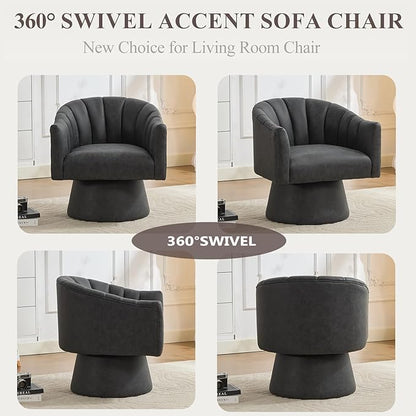 Swivel Accent Chair Set of 2,Faux Leather 360°Swivel Barrel Chair Upholstered Modern Living Room Chair, Overstuffed Reading Armchair for Bedroom,Vanity,Office-Black