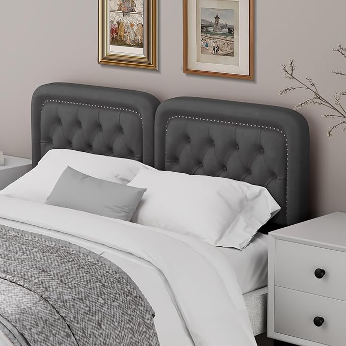 Tufted Upholstered Headboard King Size, Button Adjustable Height King Head Board Only, Sturdy and Durable Solid Wood with Nailhead Trim Headboards, Ideal for Bedroom, Dorm, Guest Room,Gray