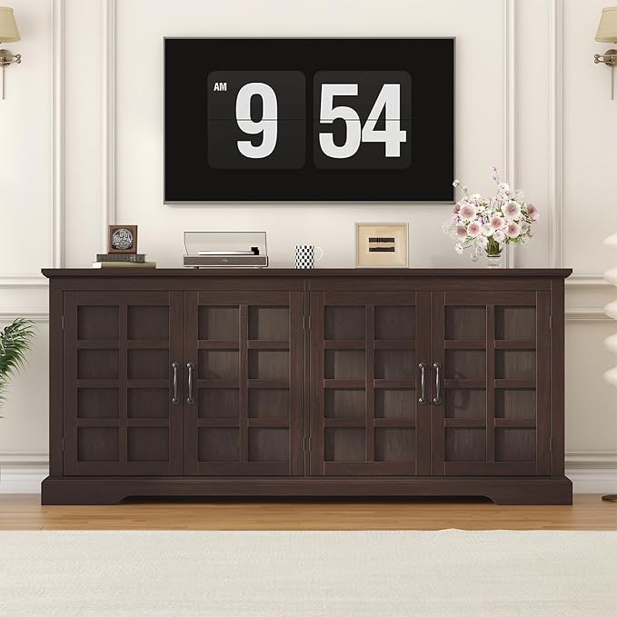 70" Sideboard Buffet Cabinet with Storage, Coffee Bar Cabinet with and 4 Doors, Long Wider Storage Cabinet Modern Farmhouse, Brown Wood, for Kitchen, Dining Room, Living Room