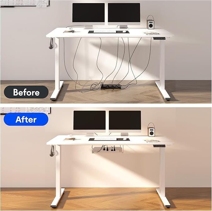 FLEXISPOT EN2 Whole-Piece Standing Desk with Clamp Power Strip, 60 x 24 Electric Stand Up Height Adjustable Desk with Cable Management (White Frame + 60" Gray Wood Grain Desktop, 2 Packages)