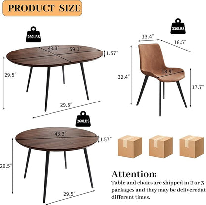 43.3"-59.1" Extendable Round Dining Table Set for 6, Mid Century Modern Wooden Round Table, Leisure Coffee Table,w/ 6 PU Leather Chairs