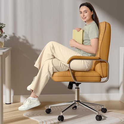 Brown Office Chair with Soft Leather, Swivel Computer Home Office Desk Chair with Wheels and Padded Arms, Adjustable Height and Tilt