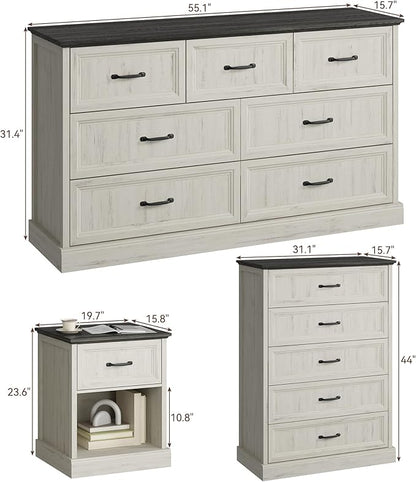CARPETNAL Farmhouse Dresser and Nightstand Sets for Bedroom, 4 Pcs Bedroom Set, 5 Drawer & 7 Drawer Dresser and Nightstand Set of 2, Wood Chest of Drawers for Living Room, Entryway, White