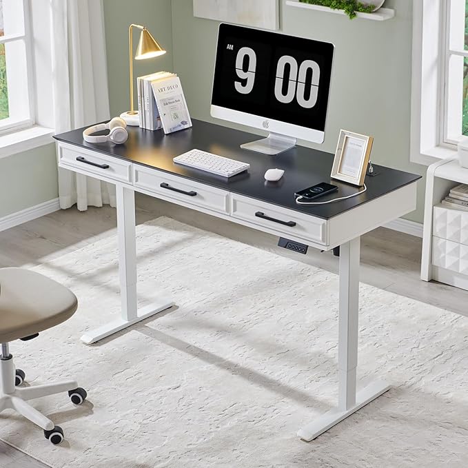 55x22 Inch Electric Standing Desk with One-Piece Desktop, Adjustable Height Computer Desk with 3 Storage Drawers & Power Outlets, Sit to Stand Up, Gaming Table for Home Office and Study, White