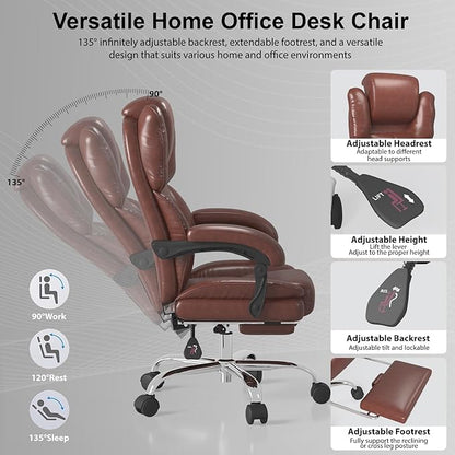 Big and Tall Office Chair, Executive Home Office Desk Chair, Leather Computer Chair with Retractable Footrest, Adjustable Headrest and Reclining Height, Padded Arms, 360°Swivel Free, Wide Seat, Brown