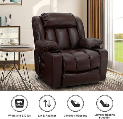 BEDHOURS Recliner Chair Lift Chair Recliners for Elderly Power Lift Chair with Massage and Heat Breathable Leather Recliner 3 Positions, USB Ports, 2 Cup Holders, 2 Side Pockets (Brown)