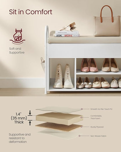 VASAGLE Shoe Bench, Shoe Rack, Entryway Furniture, Inner Storage Under The Lid, PU Pockets, Convenient Handles, for Entryway, Living Room, Bedroom, Cloud White and Cuppuccino Beige ULSB052W01