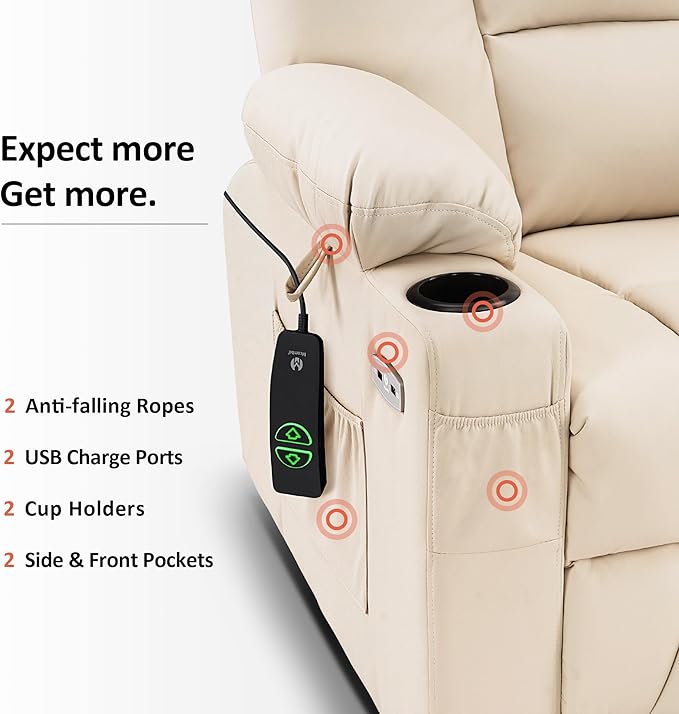 MCombo Large Power Lift Recliner Chair Sofa with Massage and Heat for Big and Tall Elderly People, 3 Positions, Cup Holders, and USB Ports, Faux Leather 7539 (Large, Cream White)