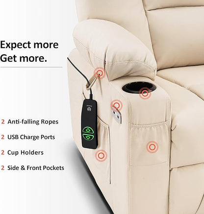 MCombo Large Power Lift Recliner Chair Sofa with Massage and Heat for Big and Tall Elderly People, 3 Positions, Cup Holders, and USB Ports, Faux Leather 7539 (Large, Cream White)