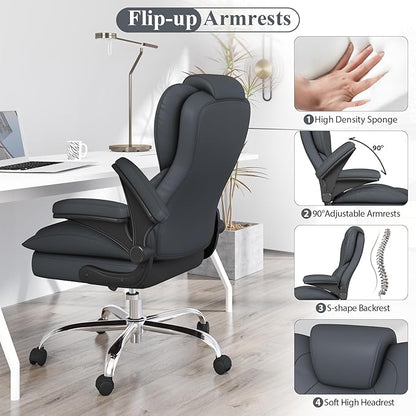 Office Desk Chair, Executive Leather Office Chair, High Back Ergonomic Home Desk Chair with Padded Flip-up Arms, Big and Tall Computer Chair with Rocking Function, 360°Swivel Free, Gray