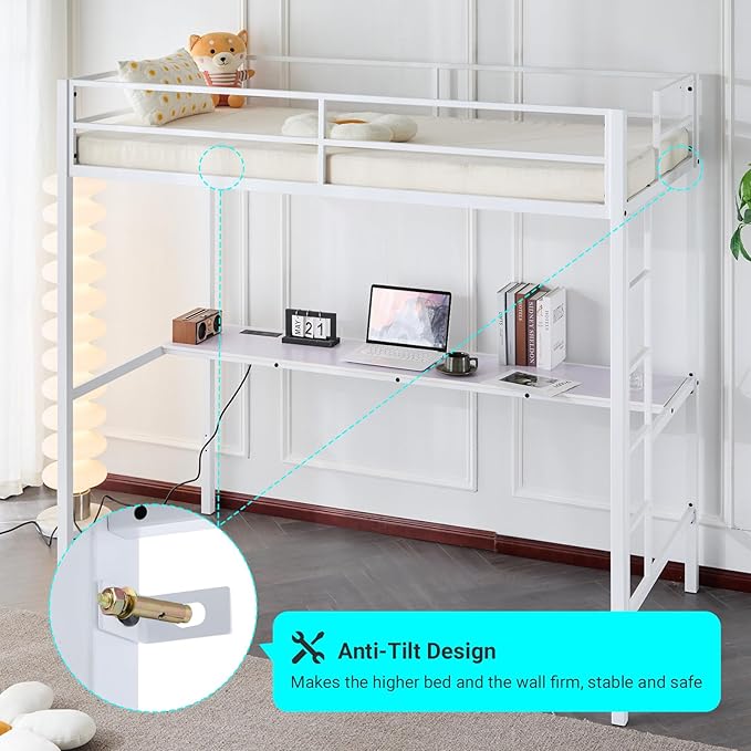Karl home Twin Metal Loft Bed with Desk, with Power Outlet and LED Lighted, Safety Guardrail & Ladder, Space Saving, No Noise, No Box Spring Needed, White