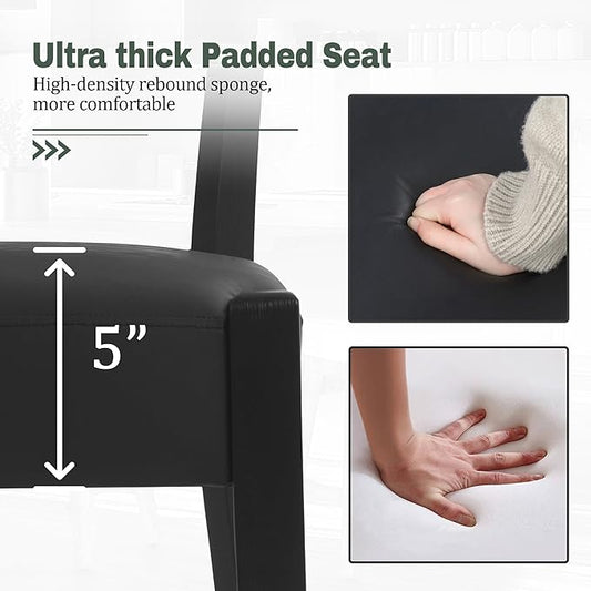 Modern Black Dining Chairs Set of 2, Faux Leather Upholstered Kitchen & Dining Room Chairs, Mid Century Modern Wooden Dining Chairs Oversized Sturdy Rounded Chairs Curved Back