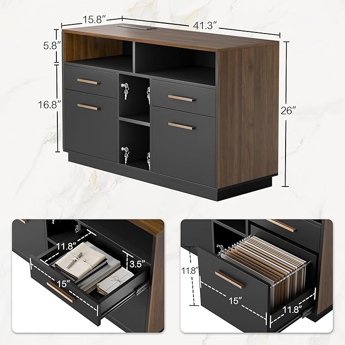 Home Office Furniture Set, 71" Electric Standing Desk with 2 Wide File Cabinet, AC/USB, Mobile File Cabinet with Lockable Wheels, Furniture Set with Multiple Functions,Black Walnut