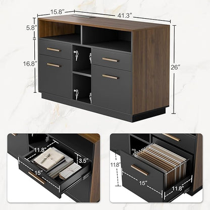Home Office Furniture Set, 71" Electric Standing Desk with 2 Wide File Cabinet, AC/USB, Mobile File Cabinet with Lockable Wheels, Furniture Set with Multiple Functions,Black Walnut
