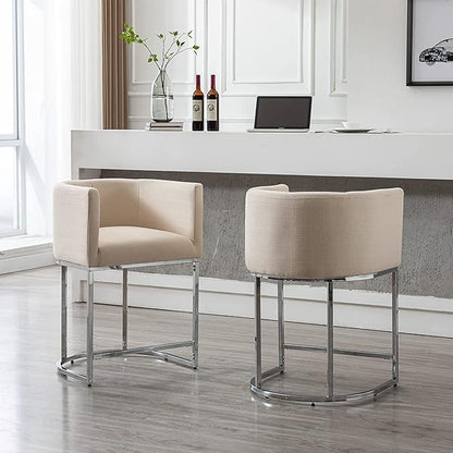 Contemporary Cream Linen Bar Stool, 24" Upholstered Fabric Counter Height Barstool Kitchen Counter Island Stool with Screwed Together Chrome Finish Base