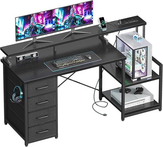 ODK 55 Inch Computer Gaming Desk with Power Outlets & 4 Drawers, Home Office Desk with Monitor Stand & Printer Shelves, Black